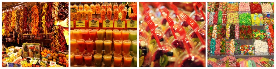 Le marché de la Boqueria. Bonbons, boissons, fruits... le marché offre plein de couleurs et une ambiance hors de commun.