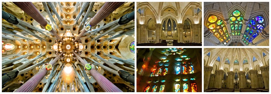 L'intérieur de la Sagrada Familia, sa nef et ses vitraux.